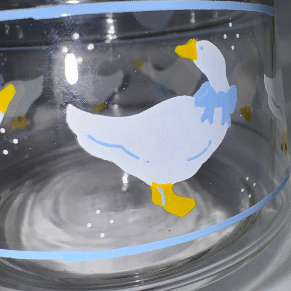 Vintage Clear Glass Goose Canister Jar with Lid White Geese Blue Bows 4.5 Inch - Picture 2 of 8